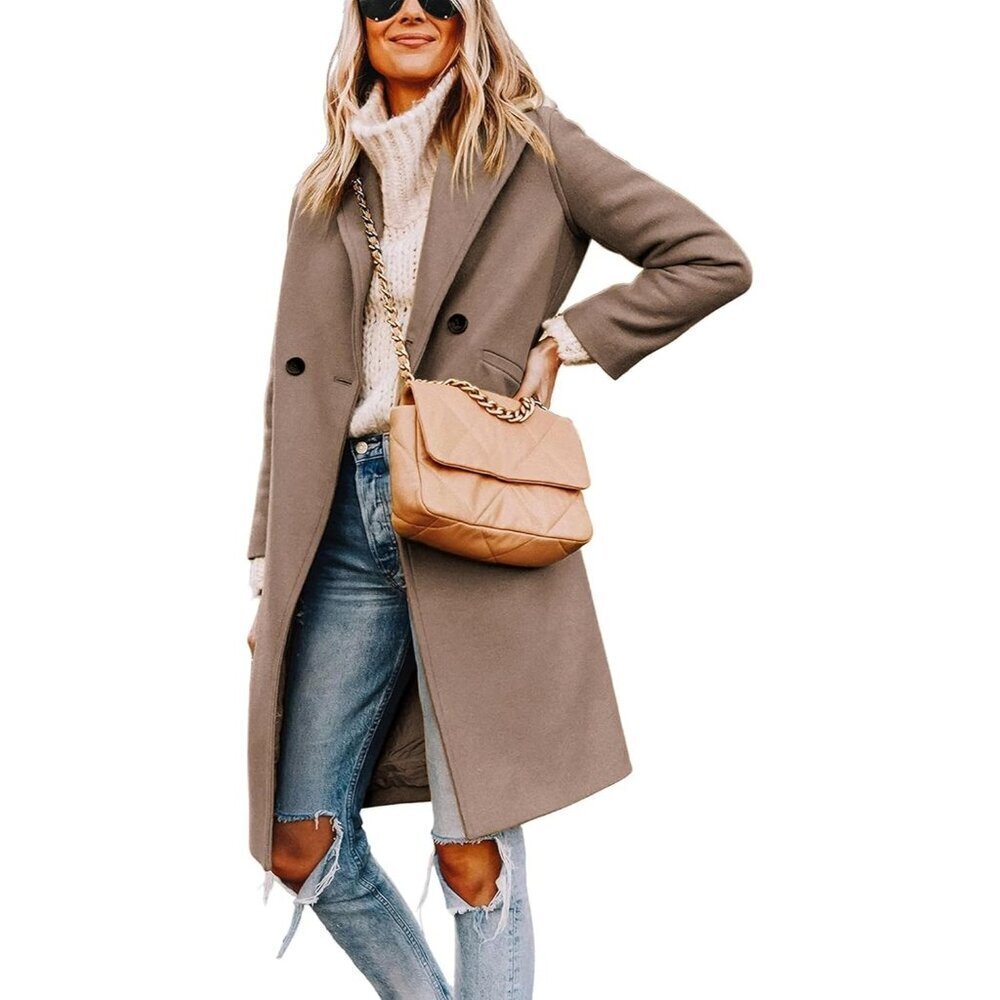 Women's Camel Winter Wool Casual Notch Lapel Imported Single-breasted Pea Coat